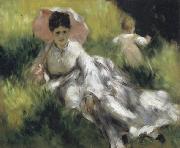 Pierre Renoir Woman with a Parasol and Small Child on a Sunlit Hillside oil painting reproduction